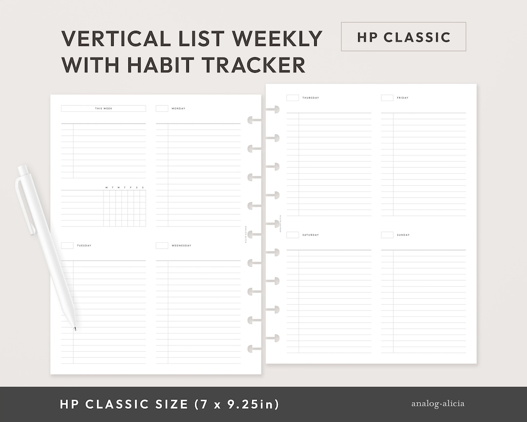 HP Classic Week on 2 Pages Vertical List Style Weekly With Habit ...