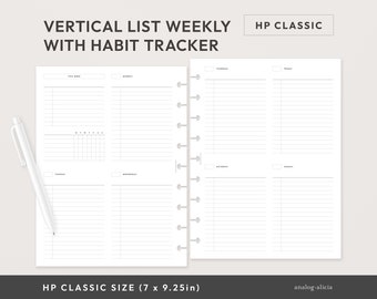 HP Classic Week auf 2 Seiten Vertikaler List Style Weekly mit Habit Tracker Printable | Undatierte Woche auf einen Blick Planer Einlage | WO2P-02
