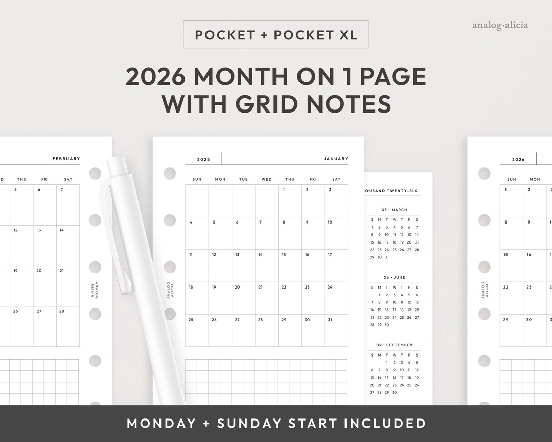 Pocket/pocket XL 2026 Month on 1 Page Printable Planner Insert | Monday ...