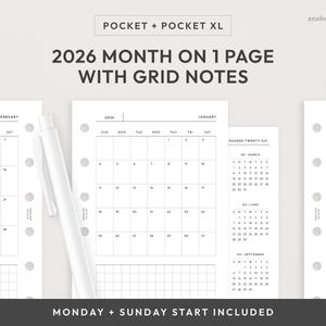 Pocket/Pocket XL 2026 Month on 1 Page Printable Planner Insert | Monday & Sunday Start | MO1P Grid Monthly Layout (Digital Download)