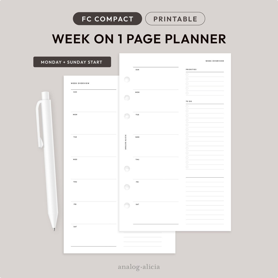 FCC Week on 1 Page Minimalist Weekly Printable Planner Insert | Weekly ...