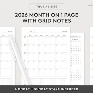 A6 2026 Month on 1 Page Printable Planner Insert | Monday & Sunday Start | MO1P Grid Monthly Layout | True A6 Size (Digital Download)