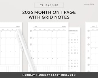A6 2026 maand op 1 pagina afdrukbare planner insteekkaart | Start maandag en zondag | Maandelijkse rasterlay-out MO1P | Echt A6-formaat (digitale download)