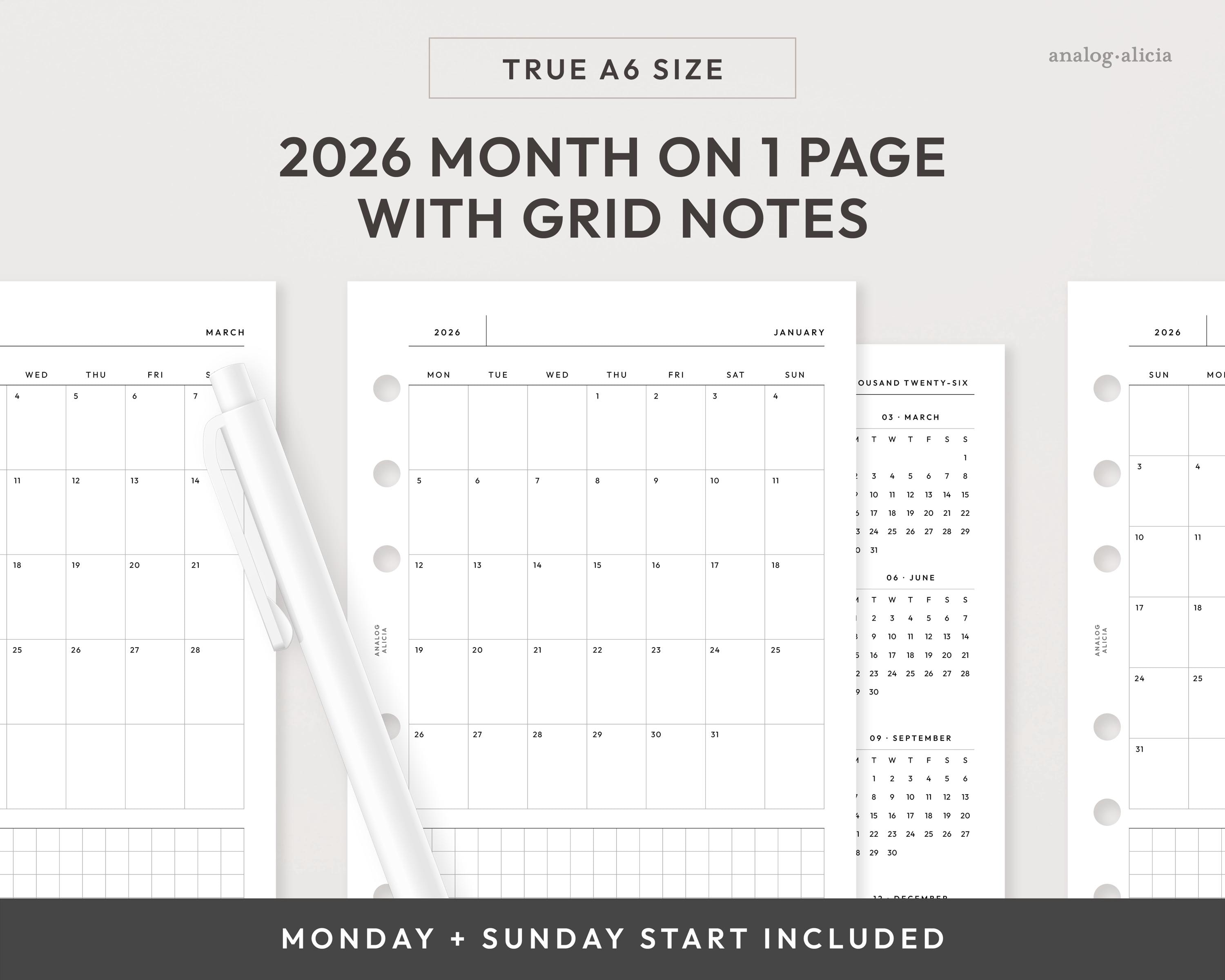 A6 2026 Month on 1 Page Printable Planner Insert | Monday & Sunday ...
