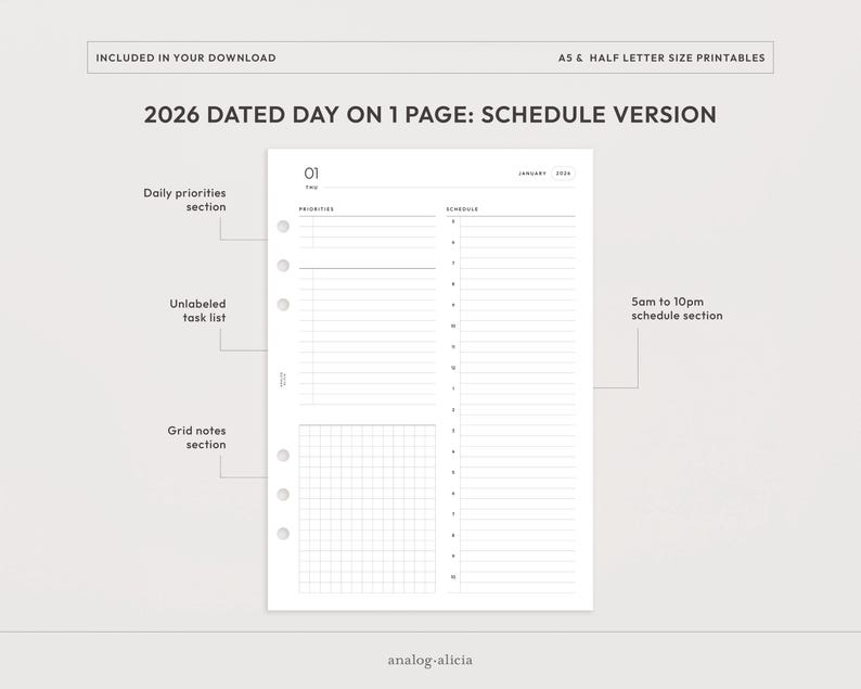 A5/half Letter 2026 Day on 1 Page Printable Insert | Dated Daily ...