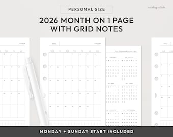 Personal 2026 Month on 1 Page Printable Planner Insert | Monday & Sunday Start | MO1P Grid Monthly Layout (Digital Download)
