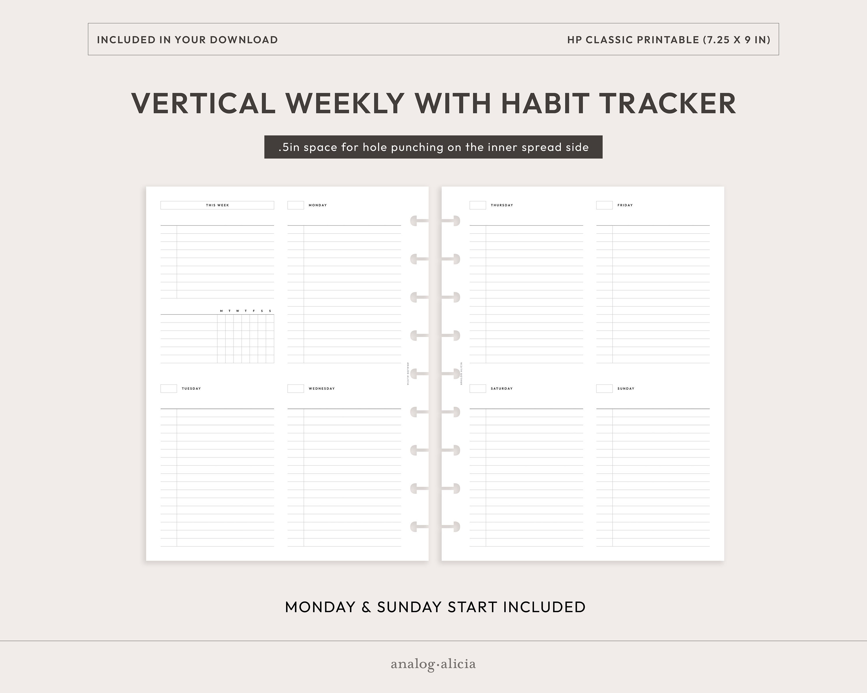 HP Classic Week on 2 Pages Vertical List Style Weekly With Habit ...