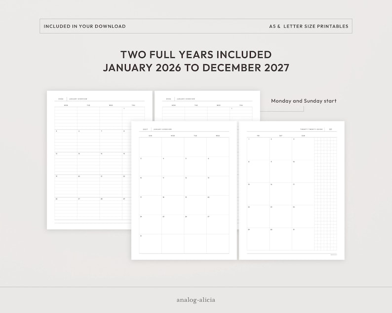 A4/Letter Size 2026 & 2027 Lined Month on 2 Page Printable Planner | Monday and Sunday Start | MO2P Minimalist Layout (Digital Download) image 3