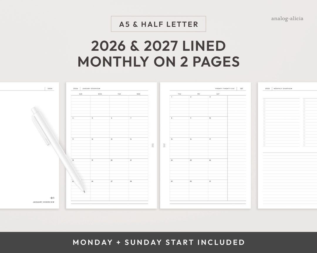 A5/half Letter 2026 & 2027 Lined Month on 2 Page Printable Planner ...