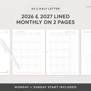 A5/Half Letter 2026 & 2027 Lined Month on 2 Page Printable Planner Insert | Monday and Sunday Start | MO2P Minimalist Layout