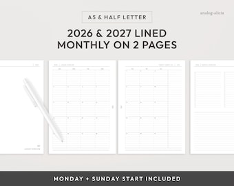 A5/Half Letter 2026 & 2027 Linierter Monat auf 2 Seite Printable Planer Einlage | Montag und Sonntag Start | MO2P Minimalistisches Layout