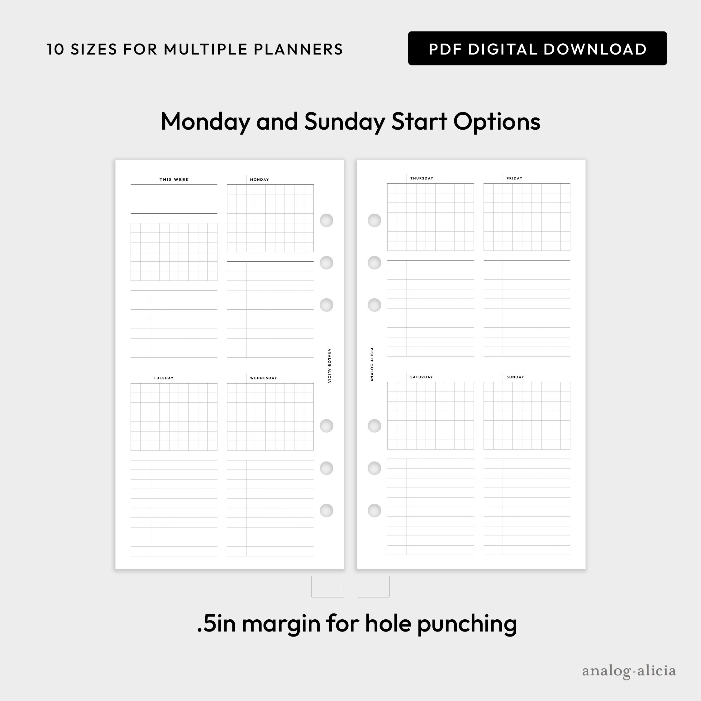 10 SIZES Week on 2 Page No.1 Printable Planner Insert for A5, A6 ...
