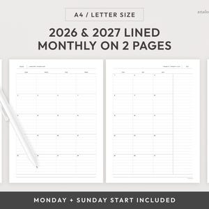 A4/Letter Size 2026 & 2027 Lined Month on 2 Page Printable Planner | Monday and Sunday Start | MO2P Minimalist Layout (Digital Download)