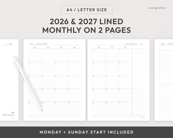 A4/Letter Size 2026 & 2027 Lined Month on 2 Page Printable Planner | Monday and Sunday Start | MO2P Minimalist Layout (Digital Download)