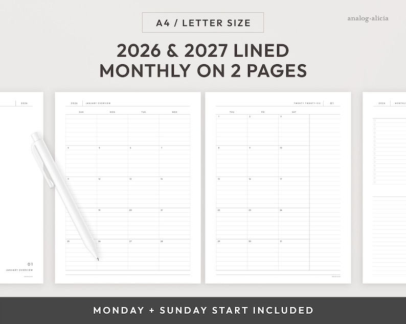 A4/Letter Size 2026 & 2027 Lined Month on 2 Page Printable Planner | Monday and Sunday Start | MO2P Minimalist Layout (Digital Download) image 1