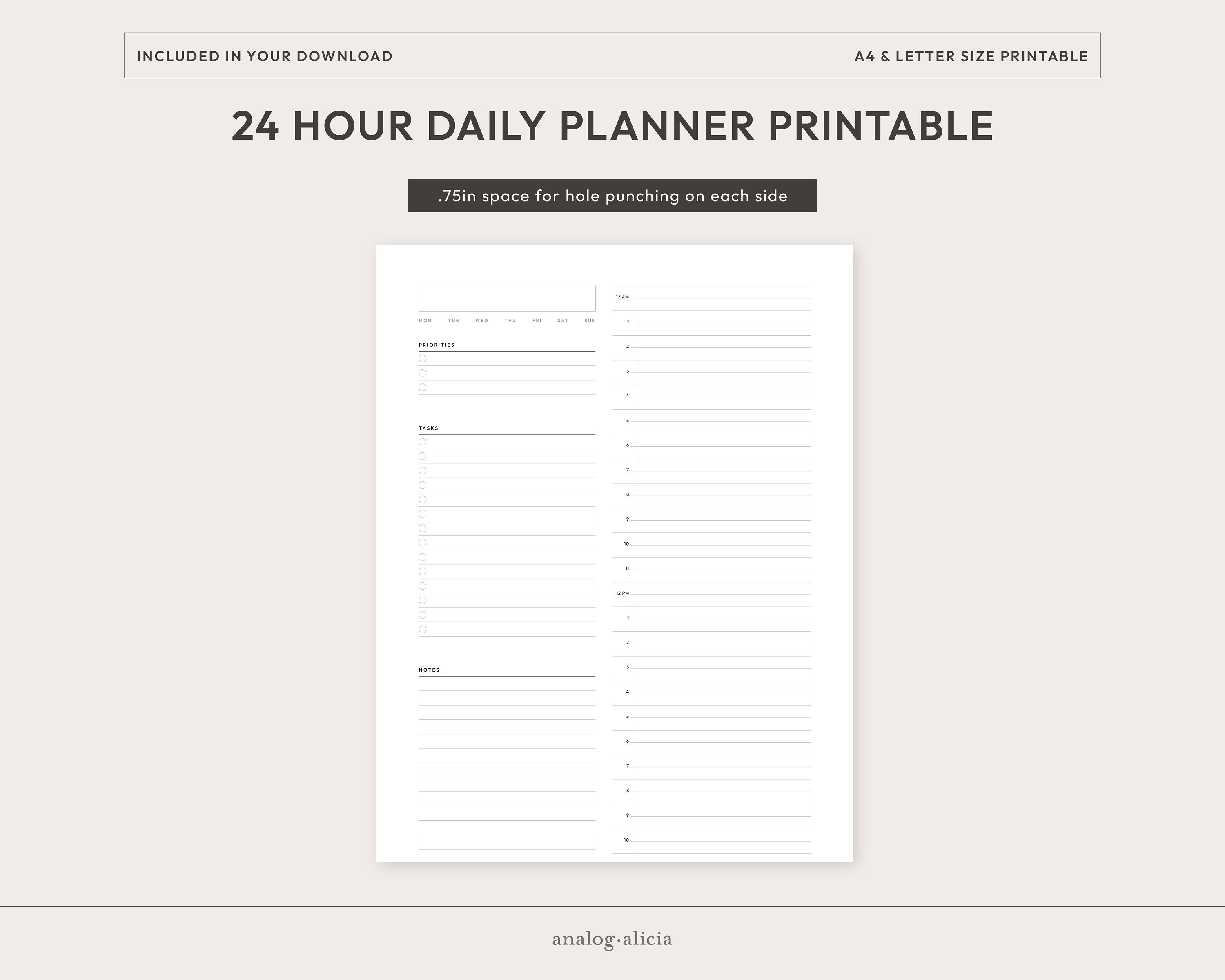 24 Hour Daily Printable Planner Insert | Hourly Time Blocking Planner ...