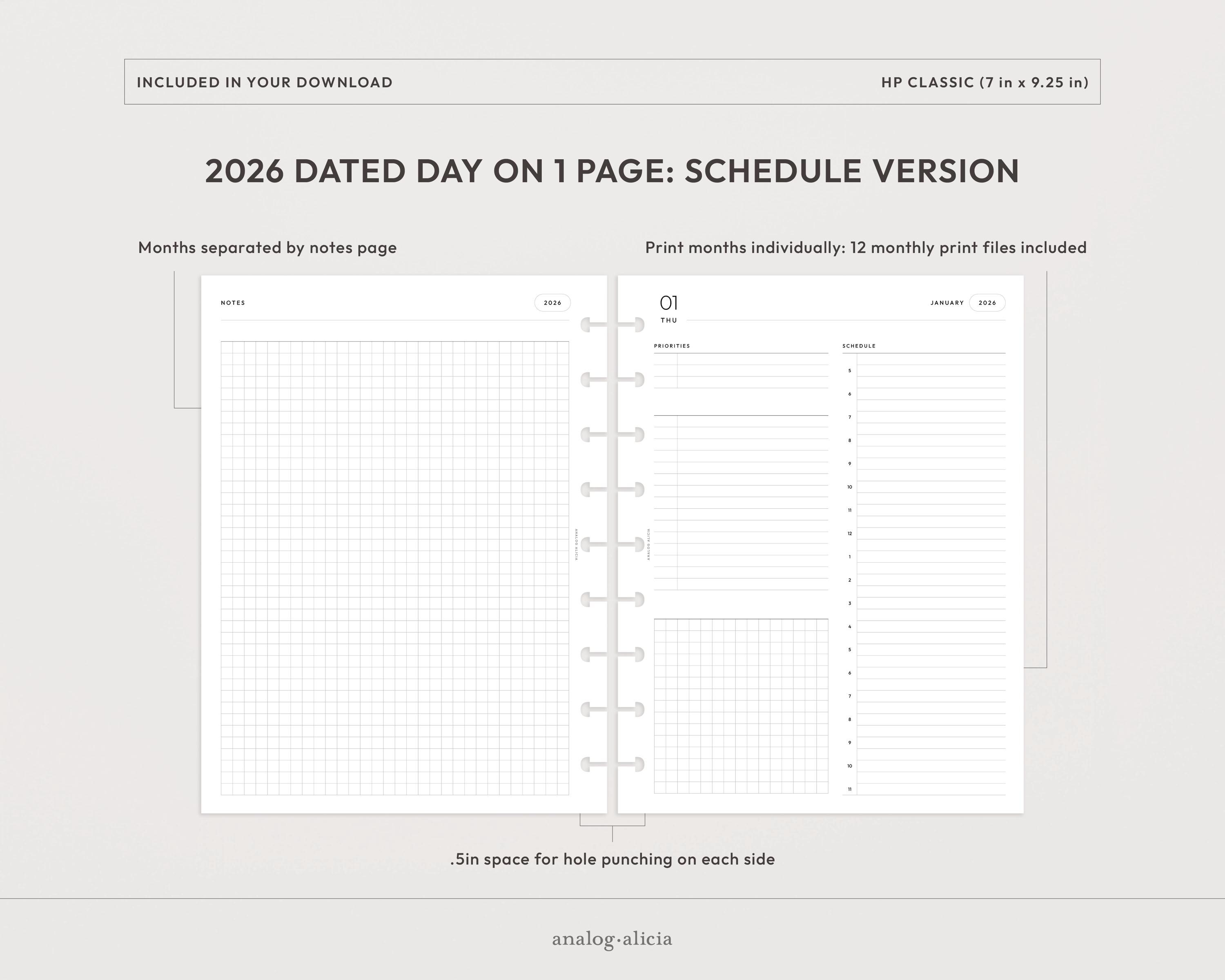 HP Classic 2026 Day on 1 Page Printable Insert | Dated Daily Planner ...