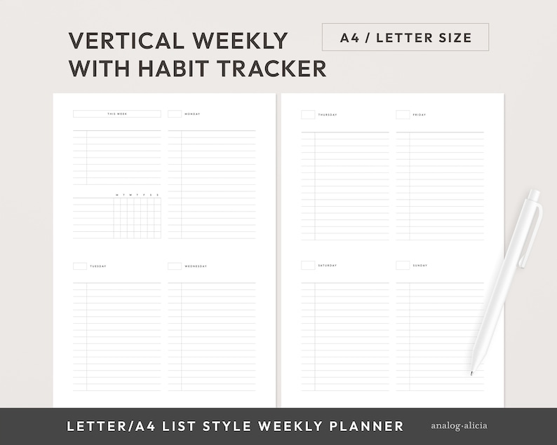A4 / Letter Size Week on 2 Page Vertical List Style with Habit Tracker Planner Insert | Undated Week At A Glance Routine Printable | WO2P-02 image 1