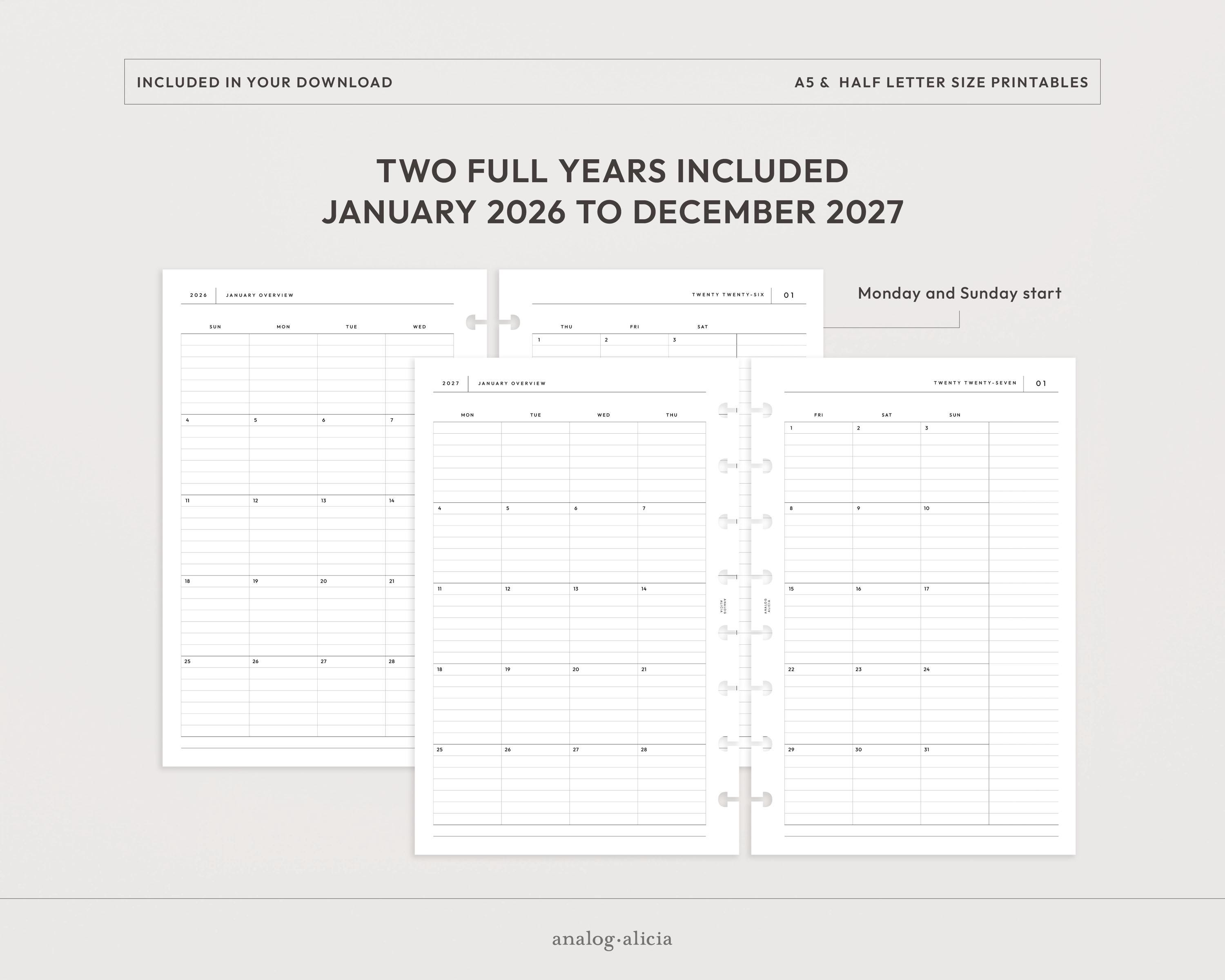 A5/half Letter 2026 & 2027 Lined Month on 2 Page Printable Planner ...