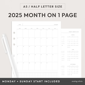 Planificador imprimible de tamaño A5/media carta para el año 2025 en una página, diseño minimalista de cuadrícula mensual, calendario de inicio de lunes y domingo con fecha MO1P