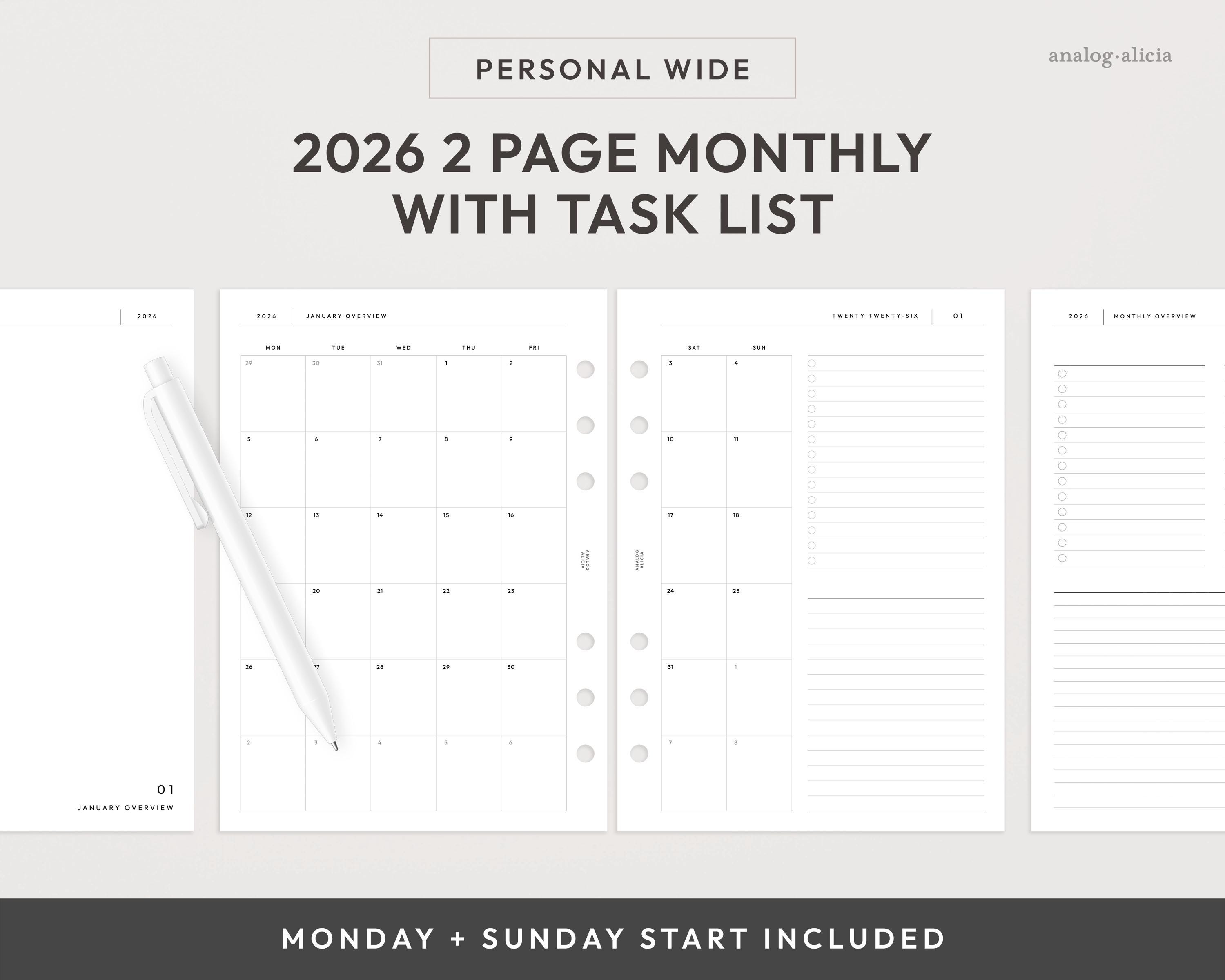 Personal Wide 2026 2 Page Monthly With Task List Planner Printable ...