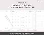 HP Mini 2026 & 2027 Month On Two Pages Planner Printable | Unlined with Grid Notes Monthly Planner Insert (Digital Download)