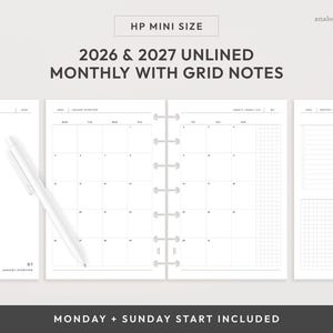 HP Mini 2026 en 2027 maand op twee pagina's afdrukbaar | Maandelijkse planner zonder voering met rasternotities (digitale download)