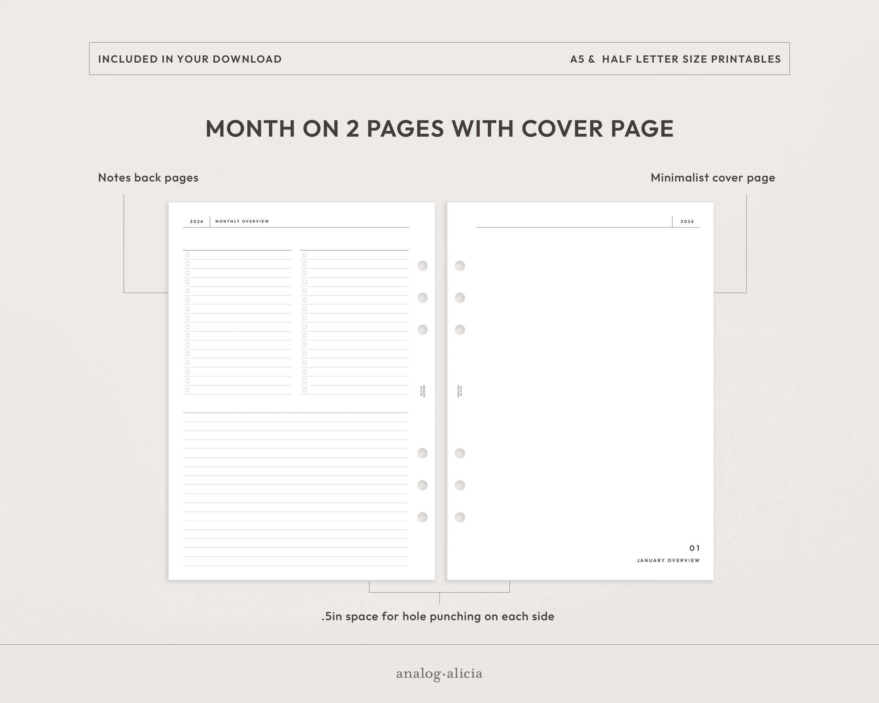 A5/half Letter 2026 & 2027 Lined Month on 2 Page Printable Planner ...