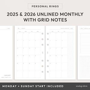 Personal Size 2025 & 2026 Dated Month On Two Pages Printable Planner Insert | Unlined with Grid Notes Monthly Calendar | Minimalist Style