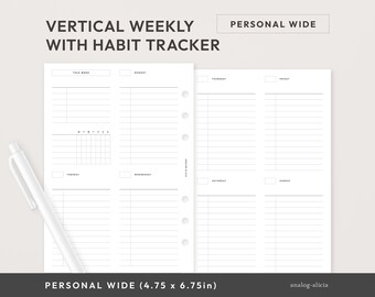 Personal Wide Week on 2 Pages Vertical List Style Weekly with Habit Tracker Printable | Undated At A Glance Planner Insert | WO2P-02