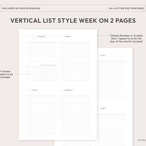 A4 / Letter Size Week on 2 Page Vertical List Style with Habit Tracker Planner Insert | Undated Week At A Glance Routine Printable | WO2P-02 image 3