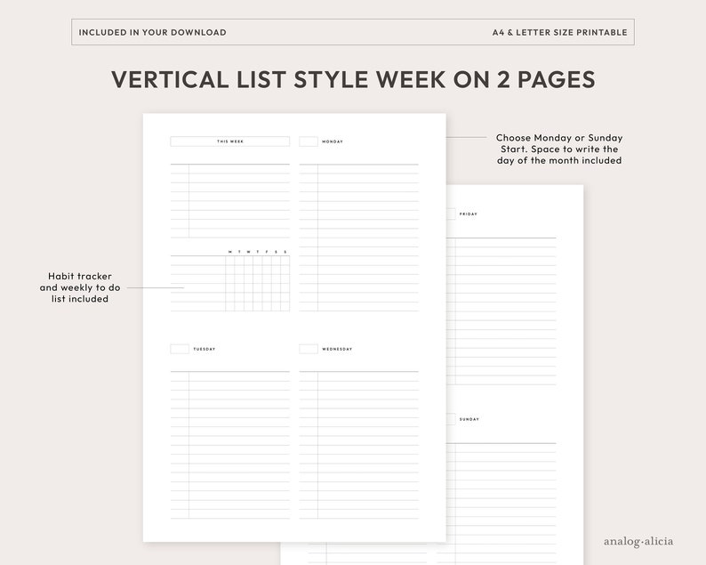 A4 / Letter Size Week on 2 Page Vertical List Style with Habit Tracker Planner Insert | Undated Week At A Glance Routine Printable | WO2P-02 image 3
