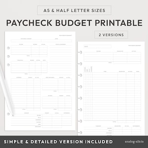 May include: Printable paycheck budget tracker in two versions: simple and detailed. The printable is designed for use with a disc bound planner and includes sections for income, fixed bills, expenses, debt repayment, and a summary.