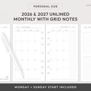Personal Size 2026 & 2027 Monat Auf Zwei Seiten Planer Printable | Unliniert mit Grid Notes Monatlicher Planer Einsatz (Digitaler Download)