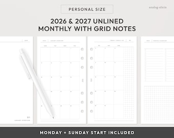 Personal Size 2026 & 2027 Month On Two Pages Planner Printable | Unlined with Grid Notes Monthly Planner Insert (Digital Download)