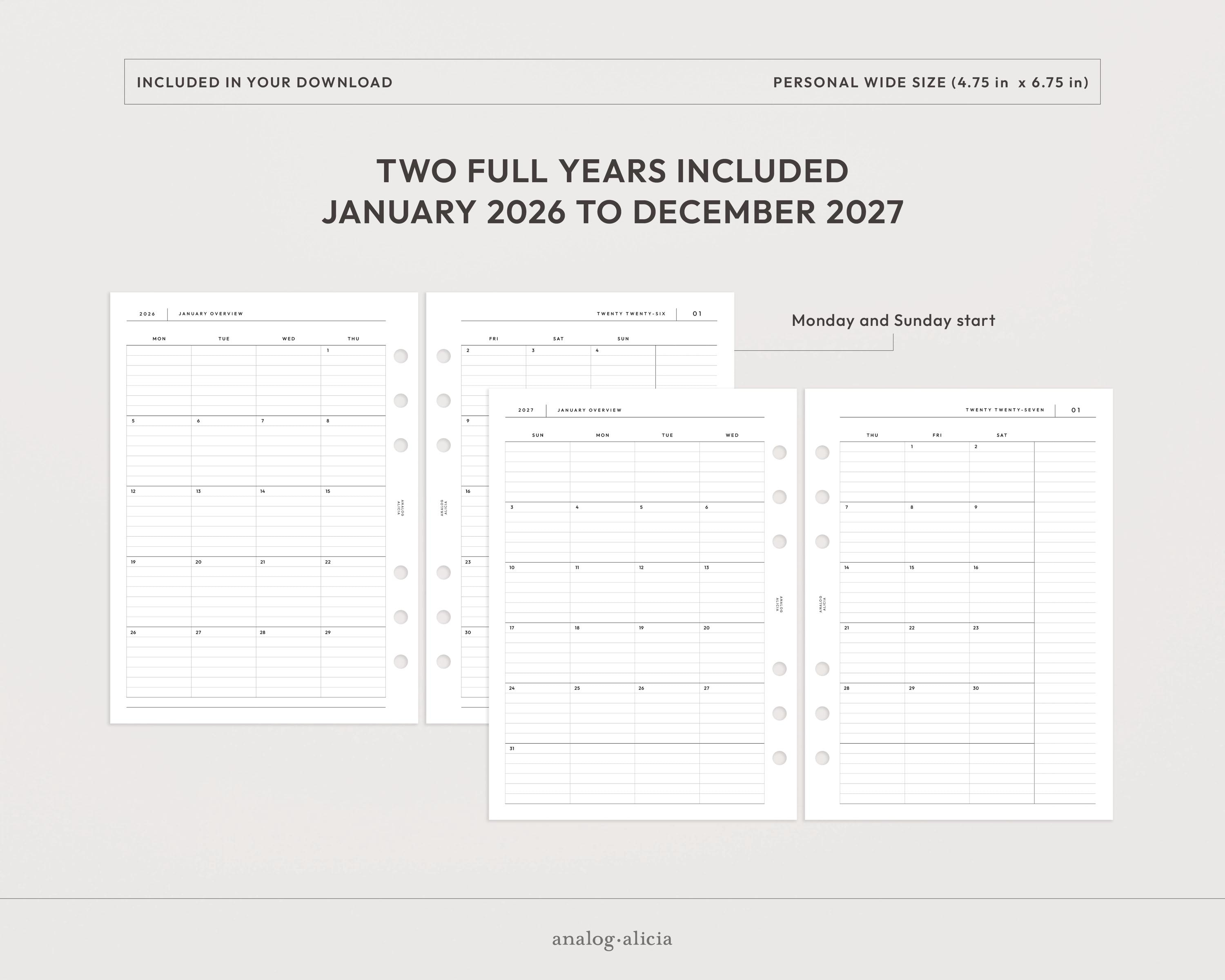 Personal Wide 2026 & 2027 Lined Month on 2 Page Printable Planner ...