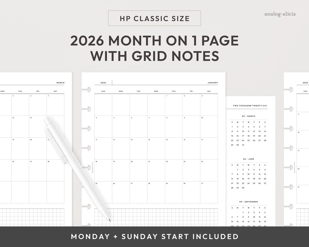 HP Classic 2026 Month on 1 Page Printable Planner Insert | Monday ...