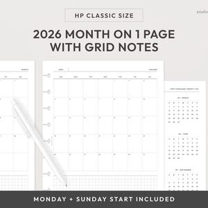 HP Classic 2026 Month on 1 Page Printable Planner Insert | Monday & Sunday Start | MO1P Grid Monthly Layout (Digital Download)