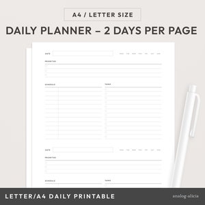 2 Days Per Page Daily Printable with Schedule and Task List | Horizontal Daily Productivity Planner Insert 2DPP-01 | A4 and Letter Size