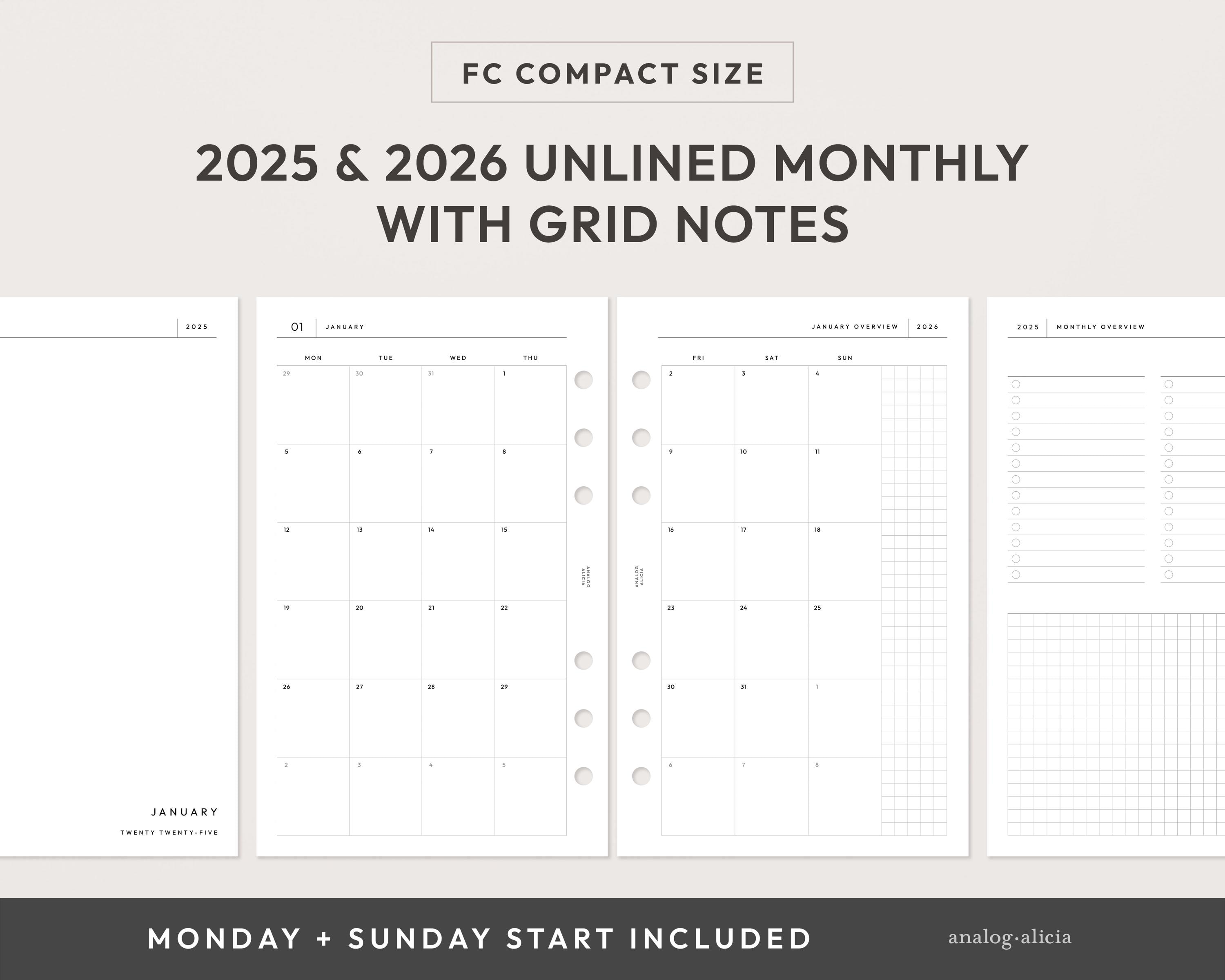 FCC 2025 & 2026 Dated Month On Two Pages Printable Planner Insert | Unlined with Grid Notes Monthly Calendar | FC Compact | Minimalist Style