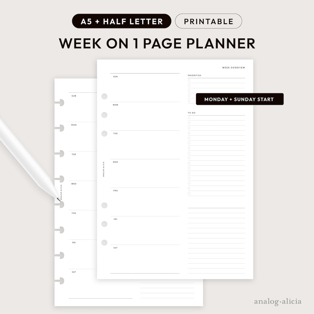 W01 Minimalist Weekly Planner Printable A5/half Letter Week on 1 Page ...