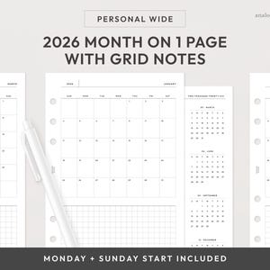 Personal Wide 2026 Month on 1 Page Printable Planner Insert | Monday & Sunday Start | MO1P Grid Monthly Layout (Digital Download)