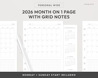 Planificador personal imprimible de 1 página para el mes 2026, con inicio en lunes y domingo, diseño mensual en cuadrícula MO1P (descarga digital)
