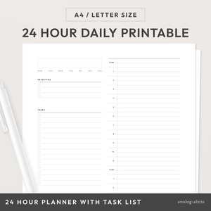 Planner diário imprimível de 24 horas | Planner de bloqueio de tempo por hora | Diário com lista de tarefas | DO1P-04 | Tamanho A4 e Carta (8,5x11)