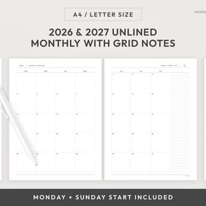 A4/Letter Size 2026 & 2027 Month On Two Pages Planner Printable | Unlined with Grid Notes Monthly Planner Insert (Digital Download)