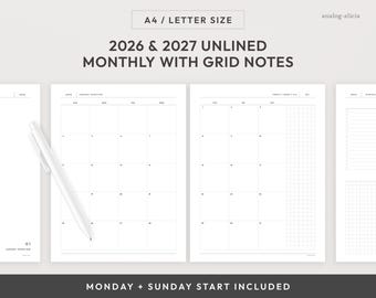 A4/Letter Size 2026 & 2027 Month On Two Pages Planner Printable | Unlined with Grid Notes Monthly Planner Insert (Digital Download)