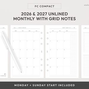 Planificador compacto FC 2026 y 2027, mes en dos páginas, imprimible, sin líneas, con cuadrícula y espacio para notas, tamaño FCC (descarga digital)