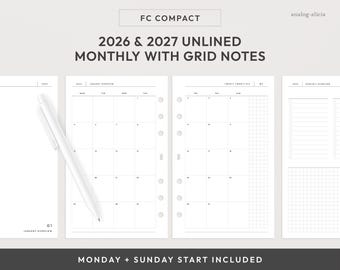 FC Compact 2026 & 2027 Month On Two Pages Planner Printable | Unlined with Grid Notes Monthly Planner Insert | FCC Size (Digital Download)