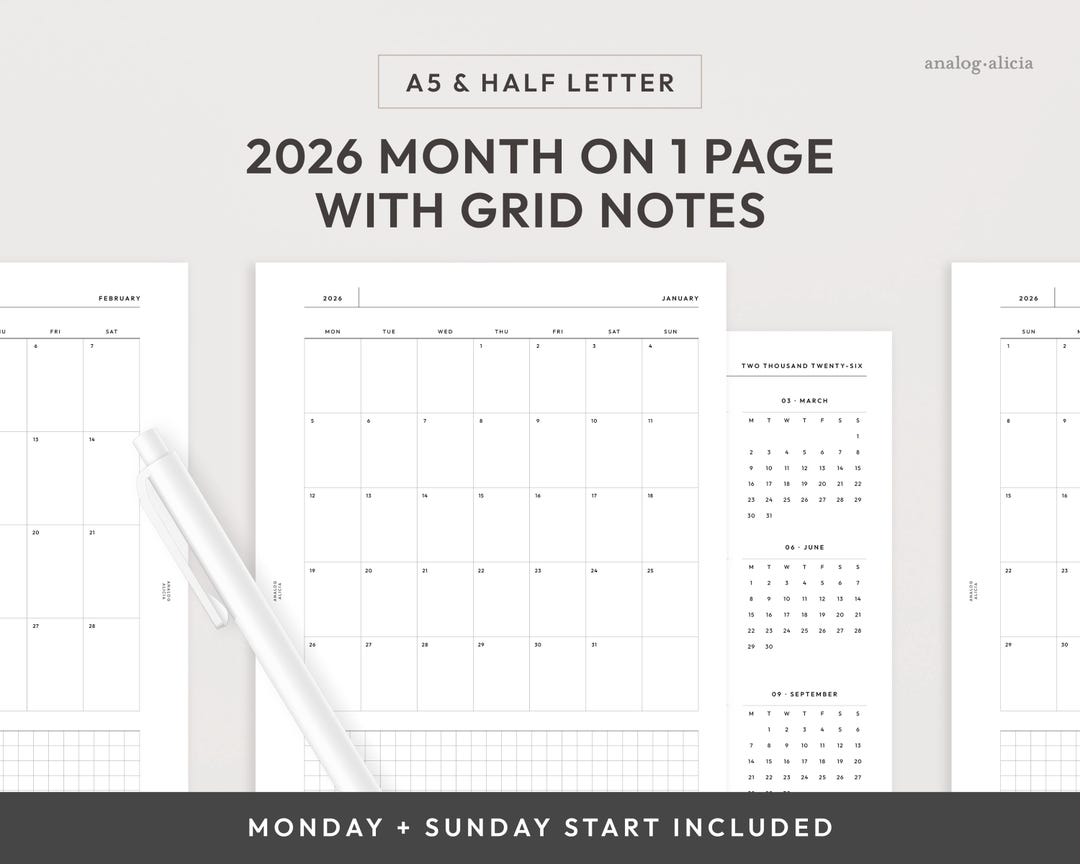 A5/half Letter 2026 Month on 1 Page Printable Planner Insert | Monday ...
