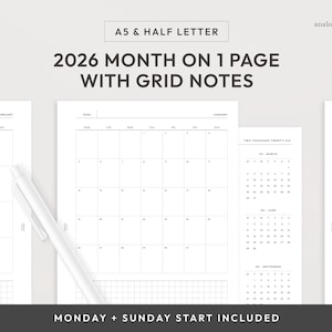 A5/Half Letter 2026 Month on 1 Page Printable Planner Insert | Monday & Sunday Start | MO1P Grid Monthly Layout (Digital Download)